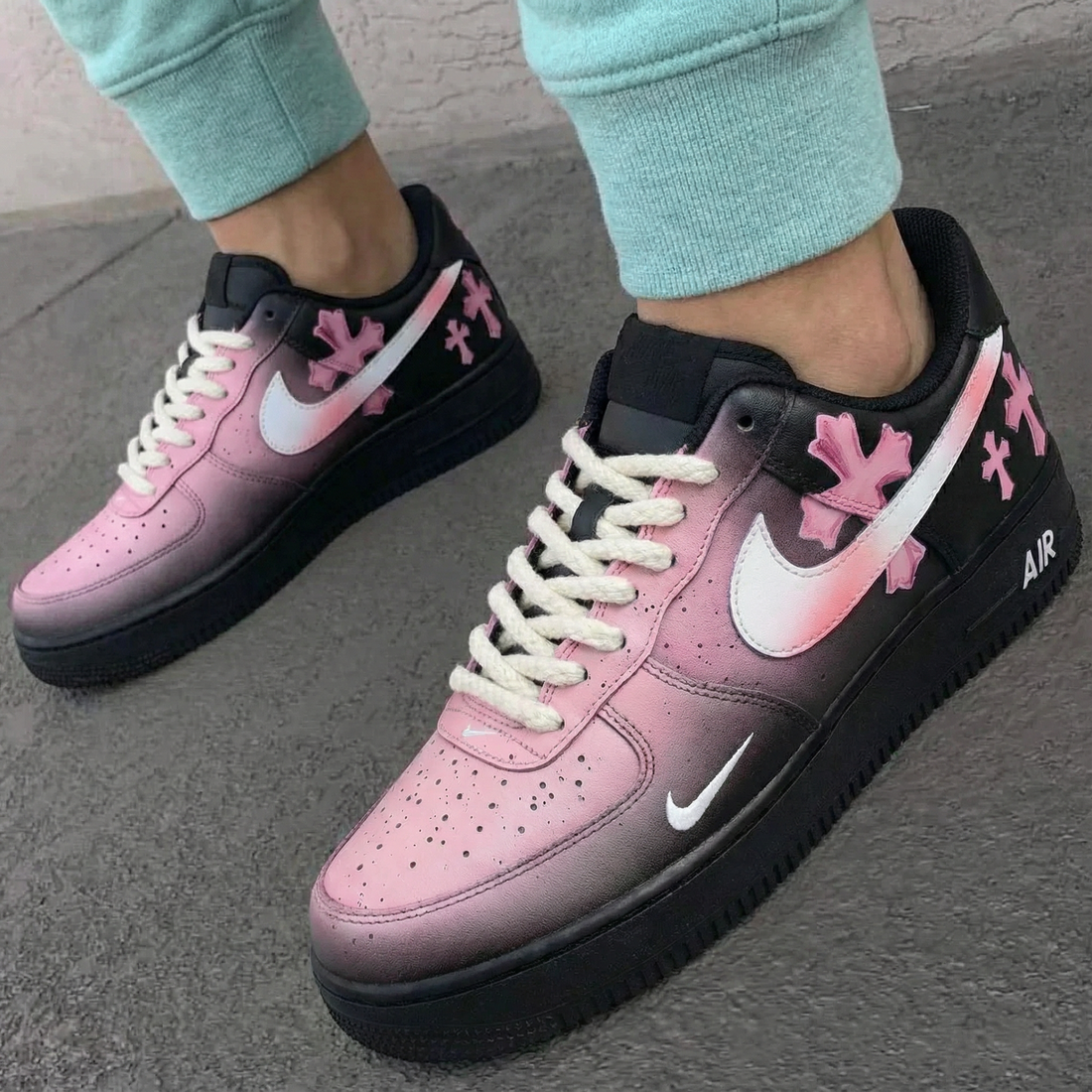 Custom AF 1s Shoes Cross Pattern Baby Pink Black