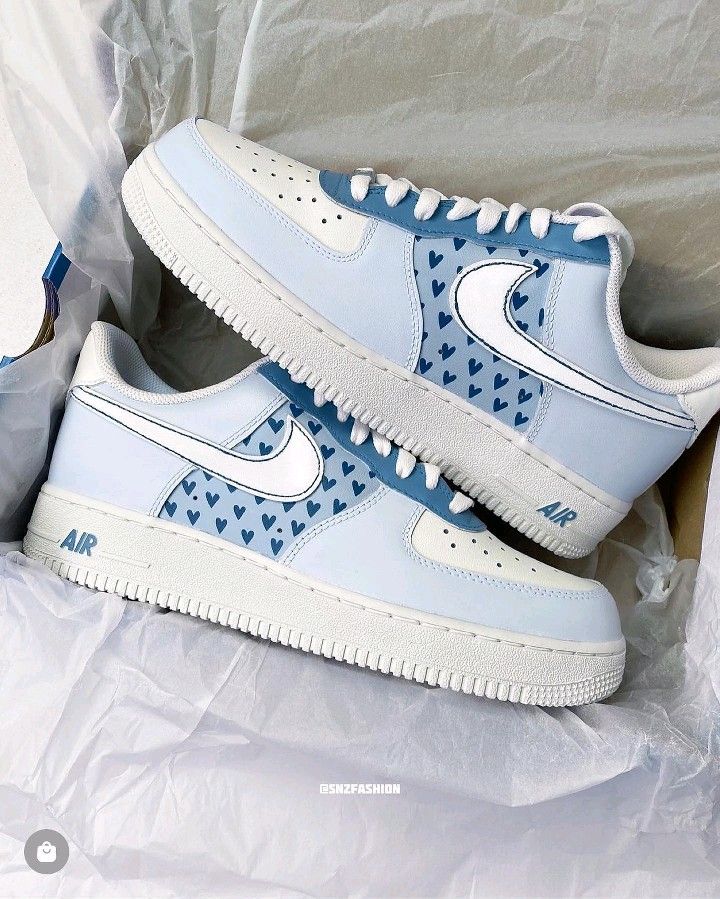 Custom AF 1s Shoes Cute Heart Pattern Baby Blue White