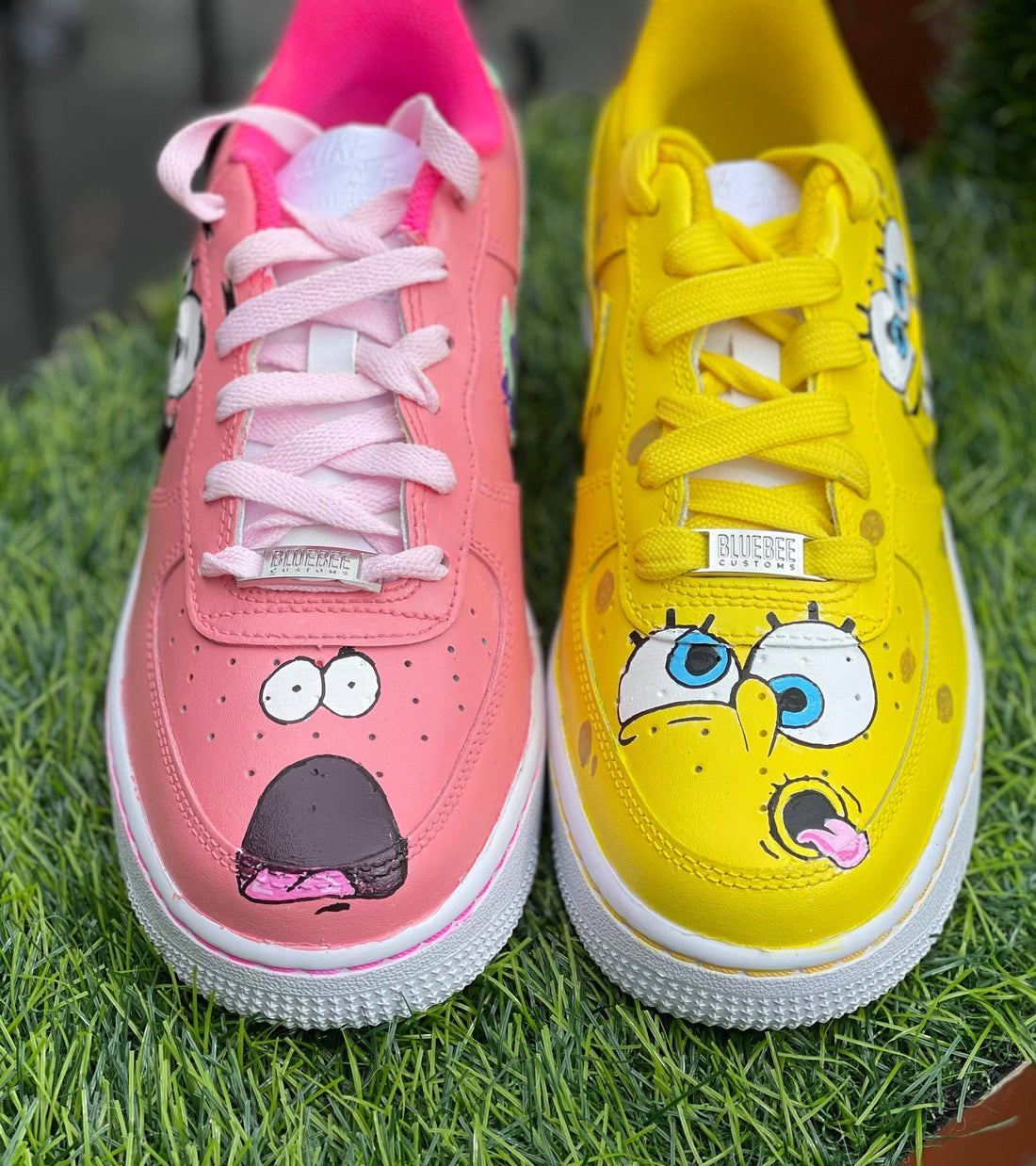 Custom AF 1s Shoes Cute SpongeBob Theme Baby Pink and Yellow