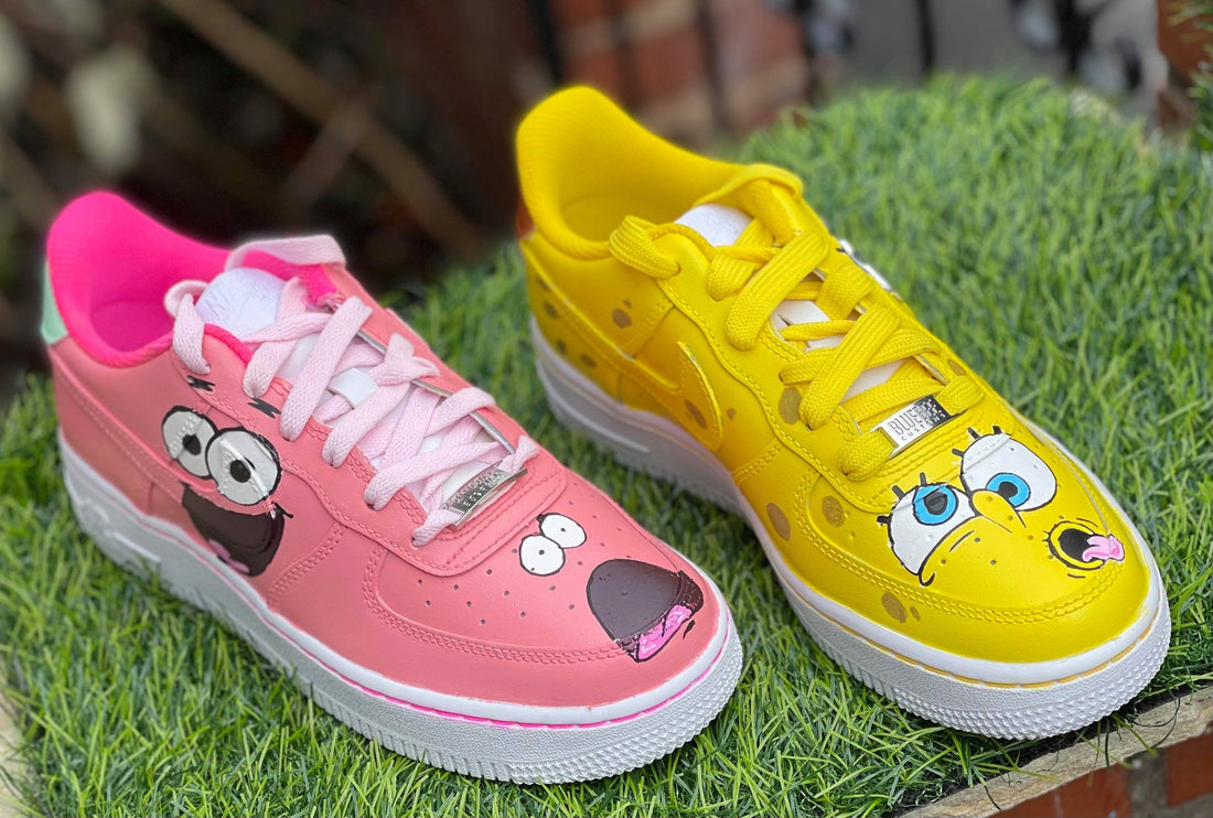 Custom AF 1s Shoes Cute SpongeBob Theme Baby Pink and Yellow