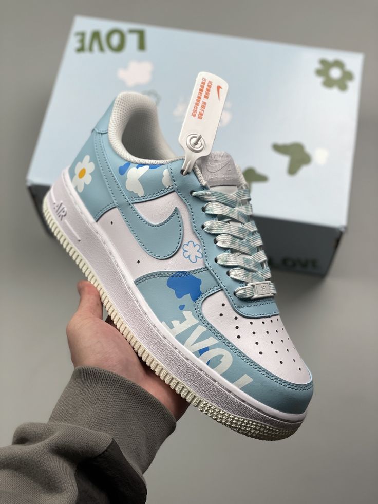 Custom AF 1s Shoes Daisy Pattern Baby Blue