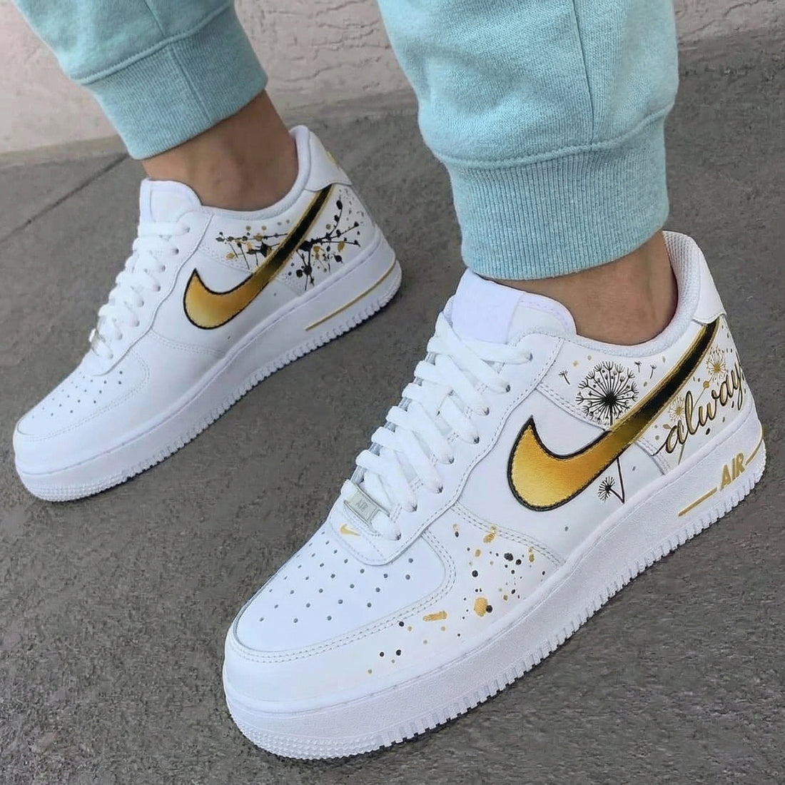 Custom AF 1s Shoes Dandelion Pattern Gold Black