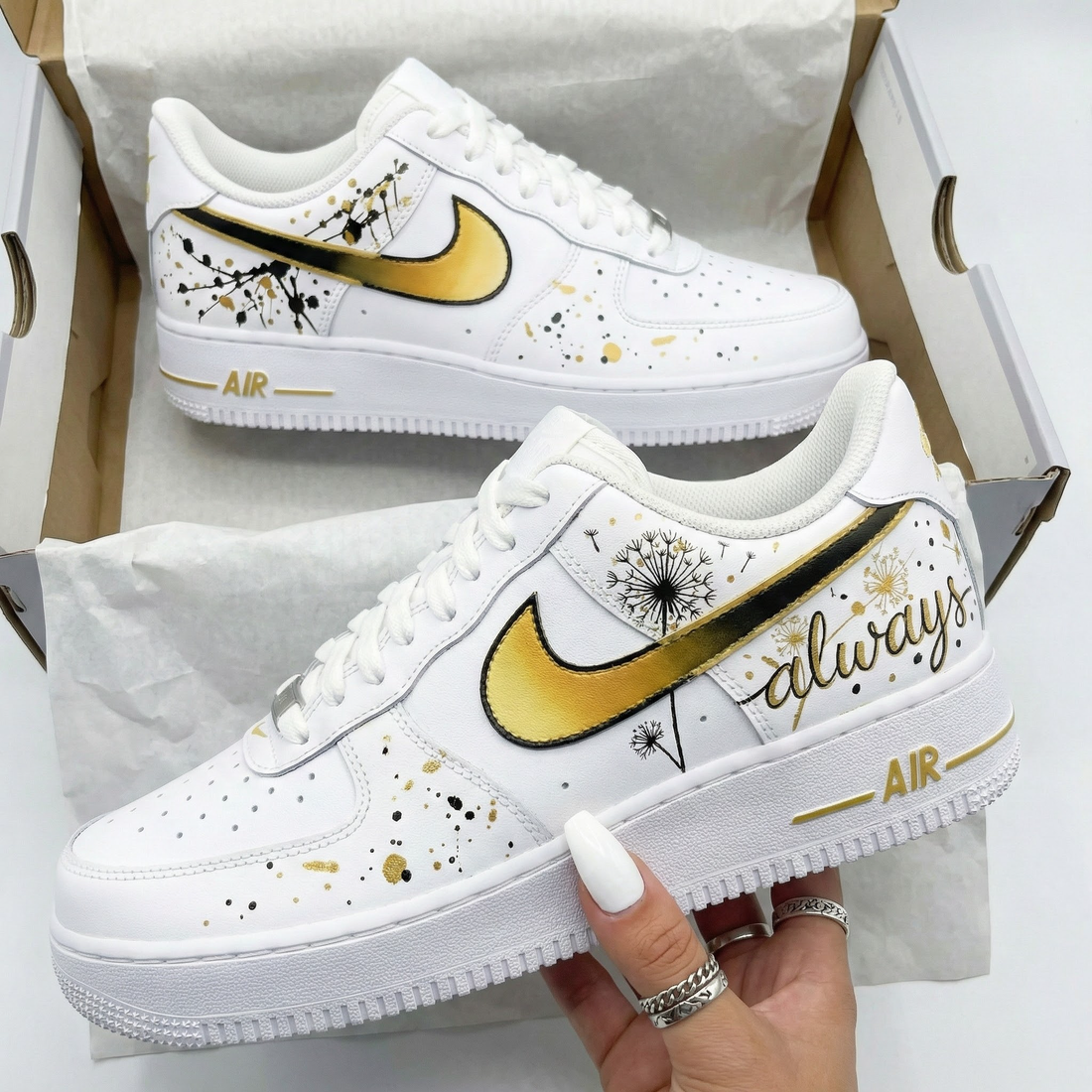 Custom AF 1s Shoes Dandelion Pattern Gold Black