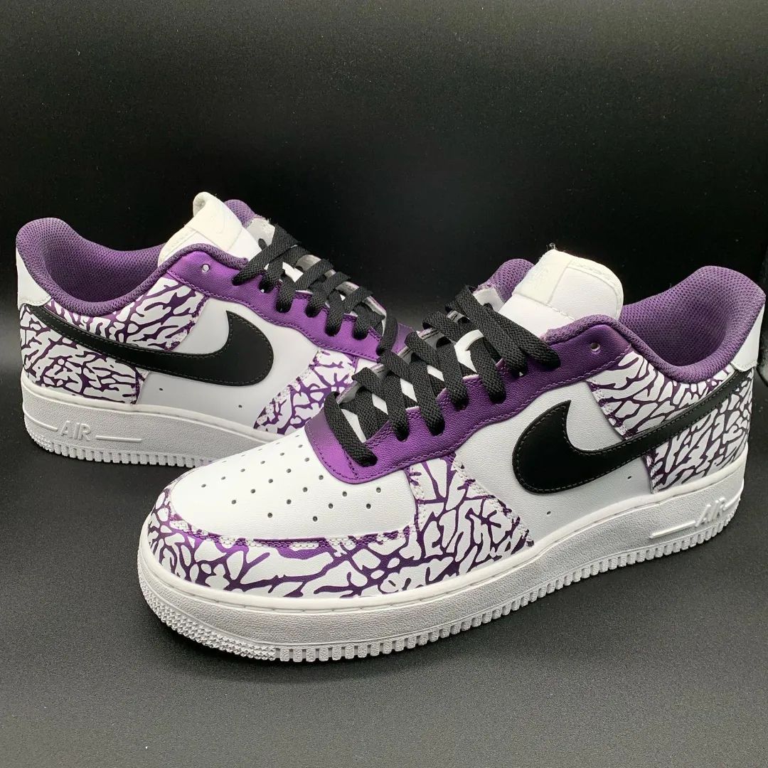 Custom AF 1s Shoes Deep Purple Base with Black Cracked Design