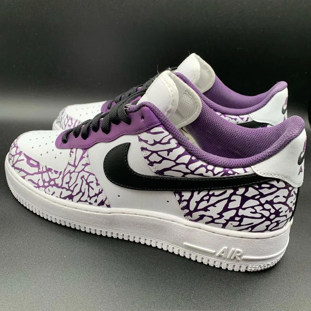 Custom AF 1s Shoes Deep Purple Base with Black Cracked Design