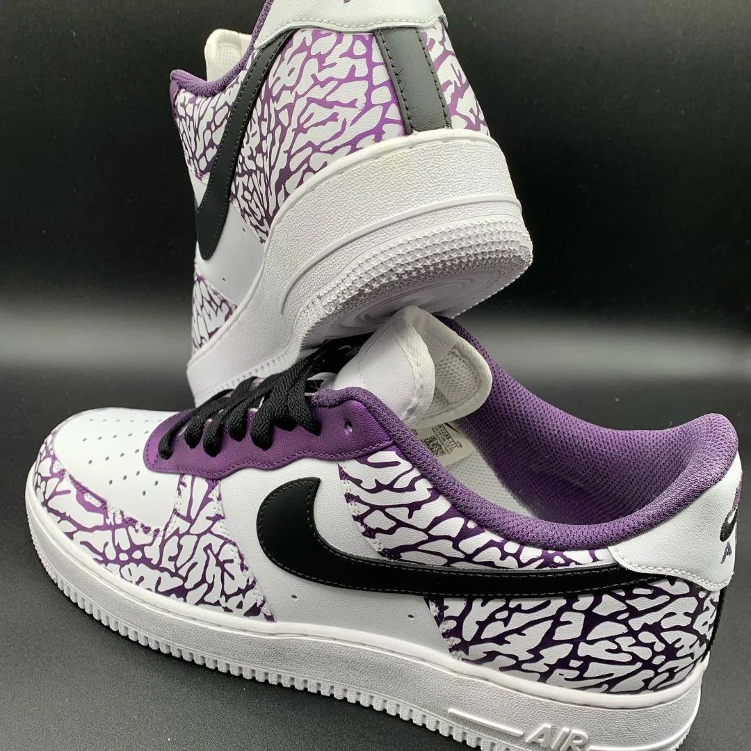 Custom AF 1s Shoes Deep Purple Base with Black Cracked Design