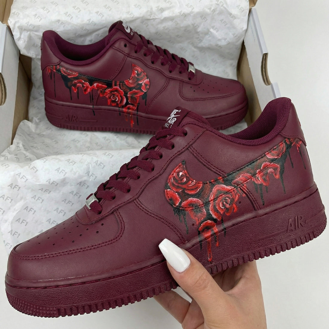 Custom AF 1s Shoes Deep Rose Pattern Maroon