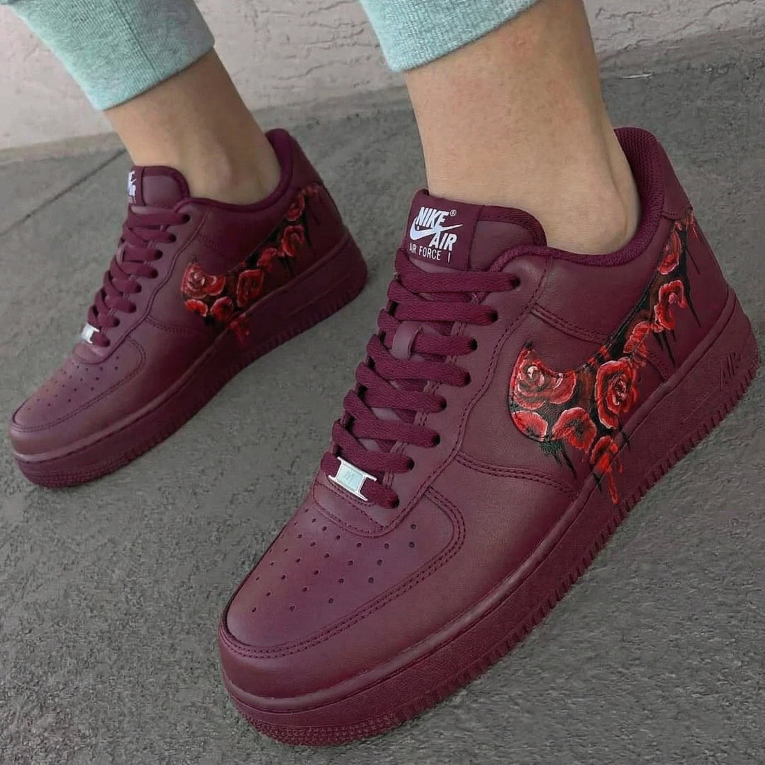 Custom AF 1s Shoes Deep Rose Pattern Maroon