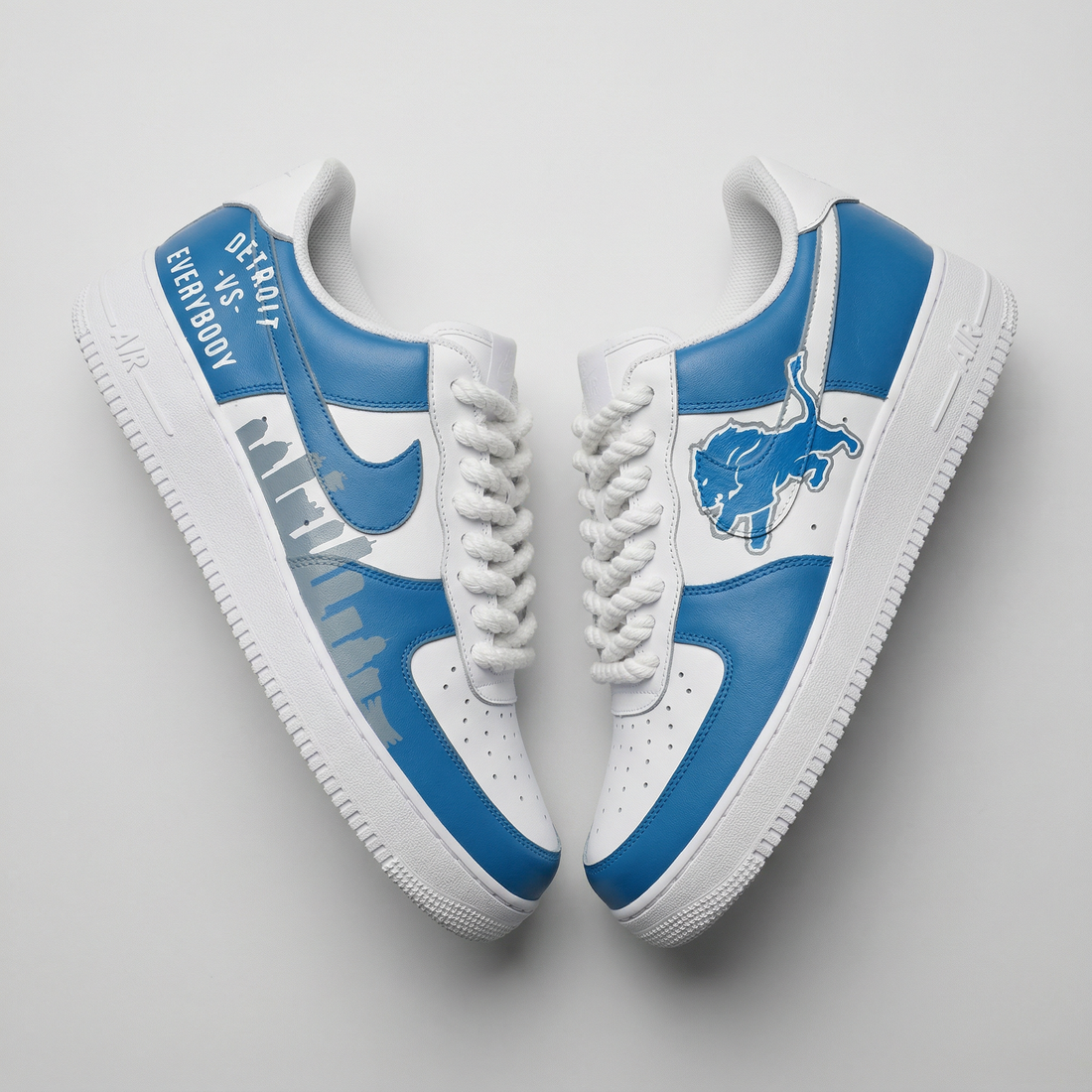 Custom AF 1s Shoes Detroit Lion Logo City Skyline Blue White