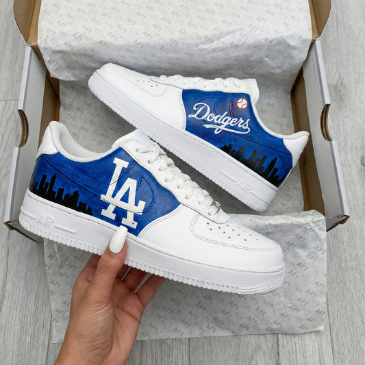 Custom AF 1s Shoes Dodgers LA Logo City Skyline Blue Black