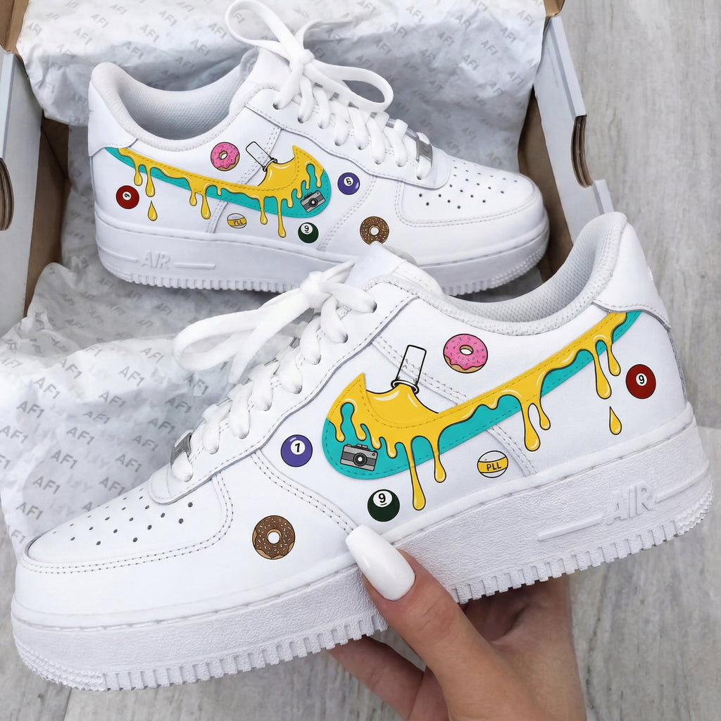 Custom AF 1s Shoes Donuts Billiards Balls Camera Yellow Drips Yellow Teal