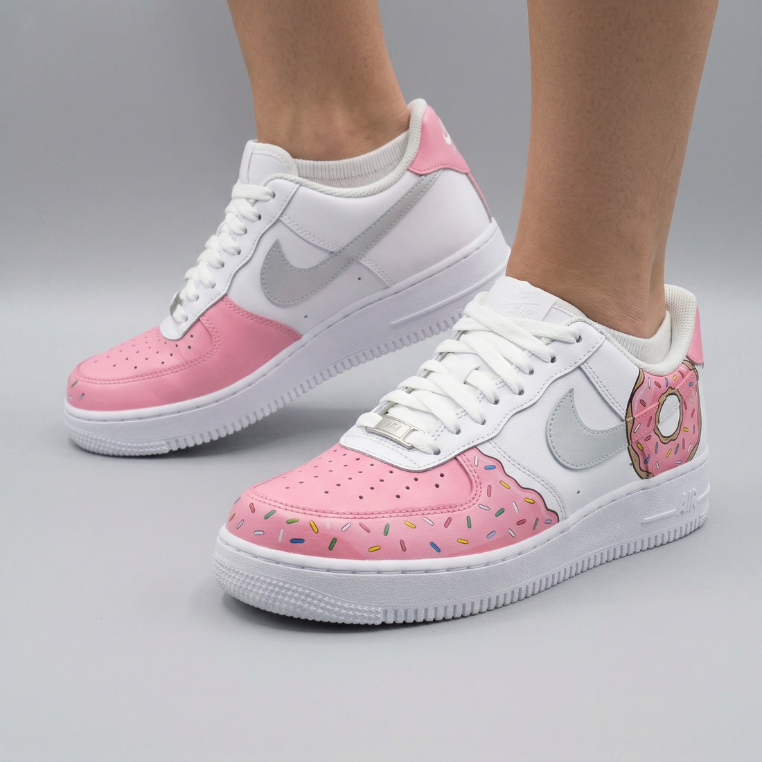 Custom AF 1s Shoes Donuts Pattern Baby Pink Silver