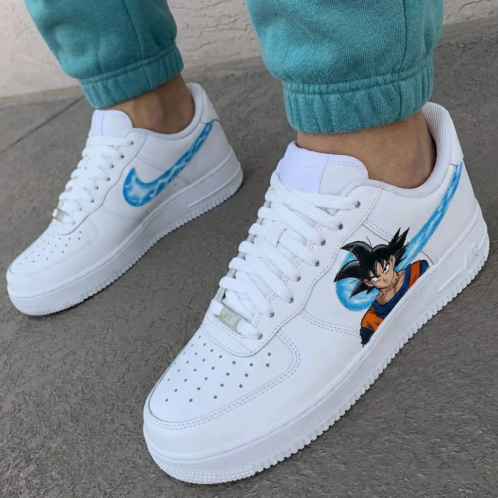 Custom AF 1s Shoes Dragon Ball Goku Blue Lightning Baby Blue