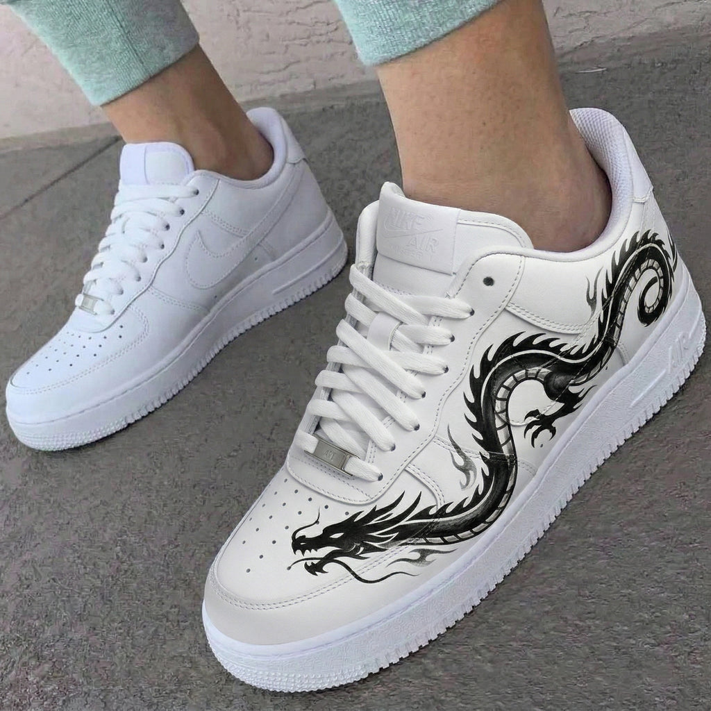 Custom AF 1s Shoes Dragon White Black
