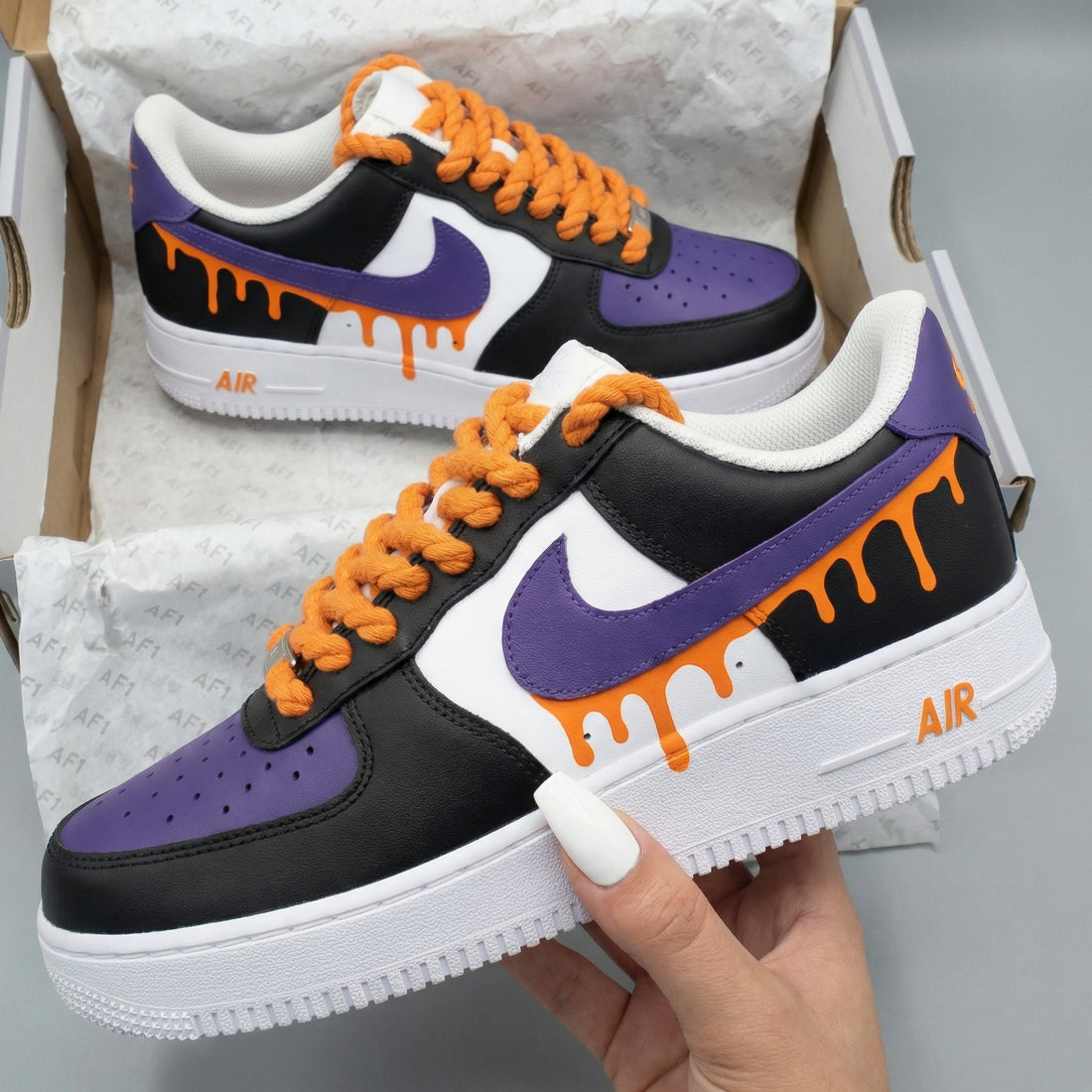 Custom AF 1s Shoes Drip Black Purple Orange