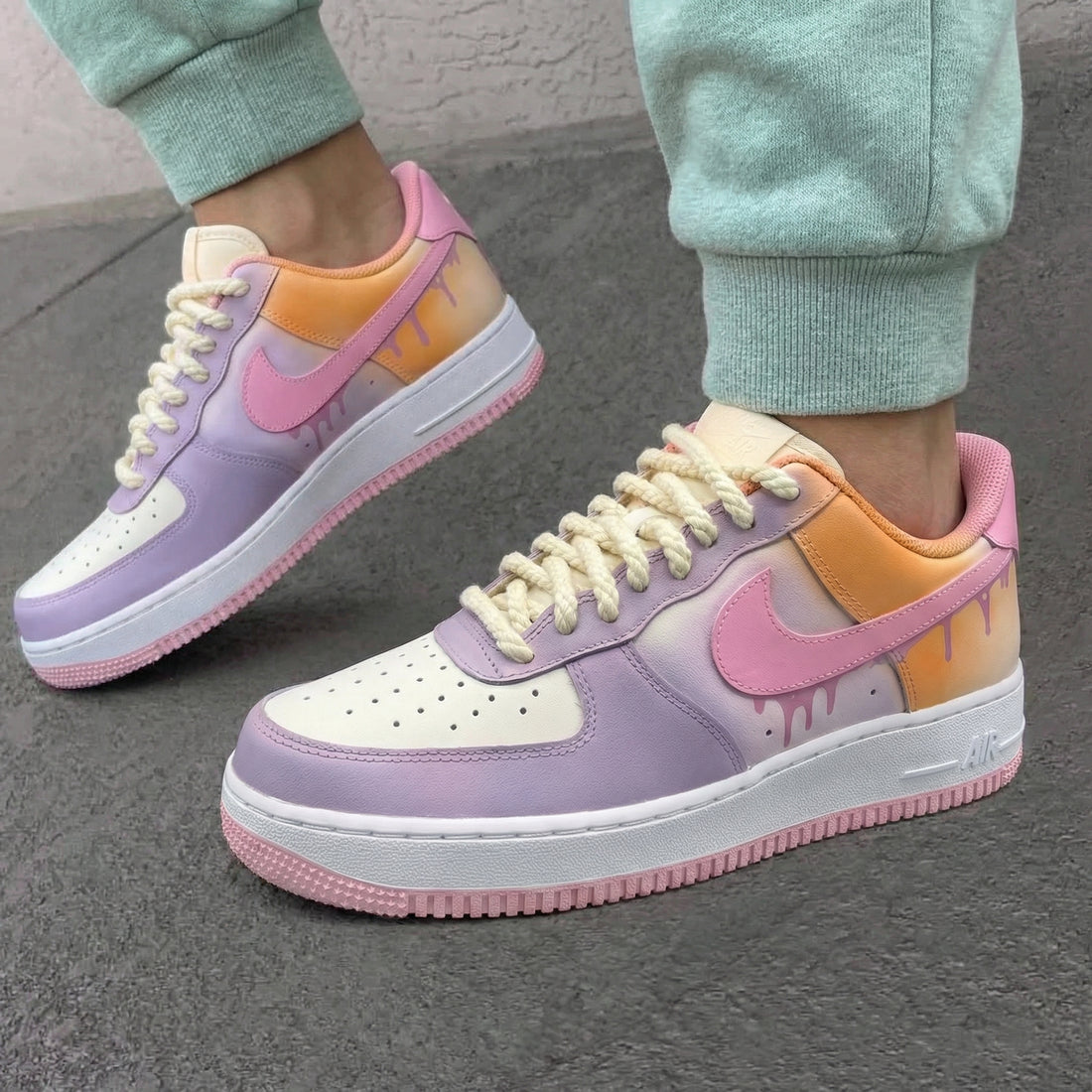 Custom AF 1s Shoes Drip Design Baby Pink Orange Lilac Thick Shoelaces