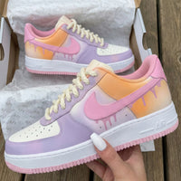 Custom AF 1s Shoes Drip Design Baby Pink Orange Lilac Thick Shoelaces
