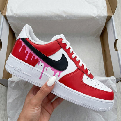 Custom AF 1s Shoes Drip Design Red Pink