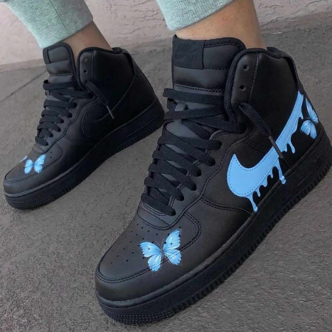 Custom AF 1s Shoes Drip Effect Swoosh Baby Blue Butterflies Black