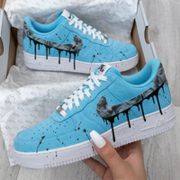 Custom AF 1s Shoes Drip Paint Black Splatter Marble Swoosh Blue