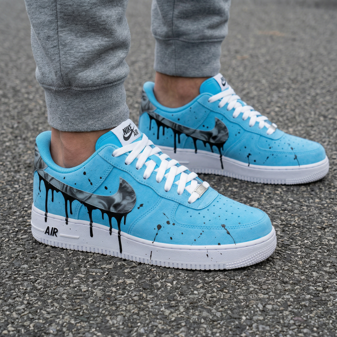 Custom AF 1s Shoes Drip Paint Black Splatter Marble Swoosh Blue