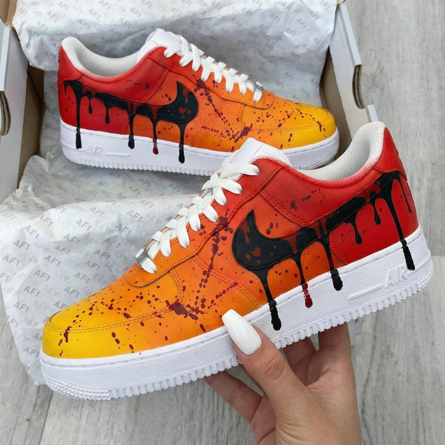 Custom AF 1s Shoes Drip Paint Design Orange Red