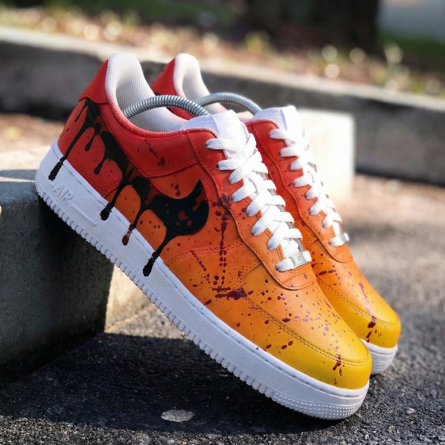 Custom AF 1s Shoes Drip Paint Design Orange Red
