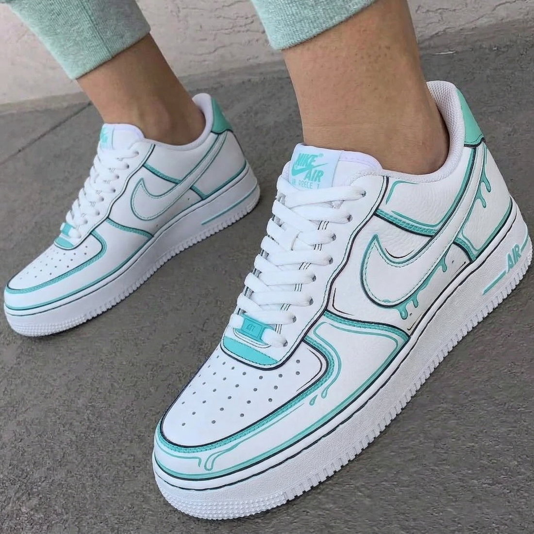 Custom AF 1s Shoes Drip Pattern Baby Blue