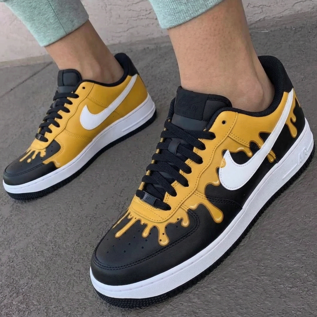 Custom AF 1s Shoes Drip Pattern Black Yellow