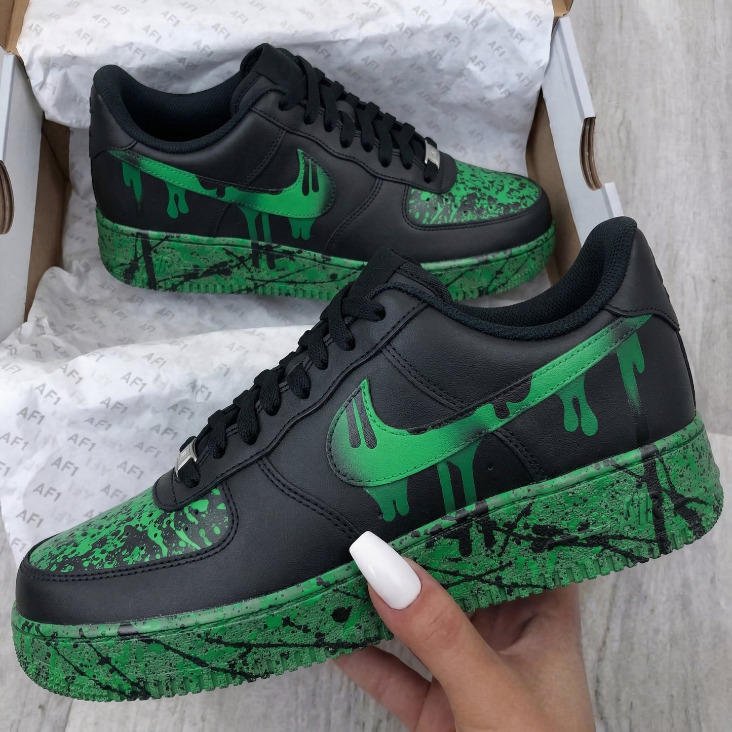 Custom AF 1s Shoes Drip Splatter Pattern Black Green