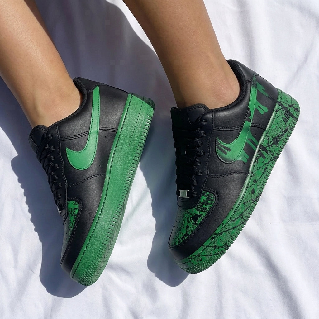 Custom AF 1s Shoes Drip Splatter Pattern Black Green