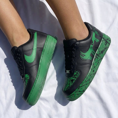Custom AF 1s Shoes Drip Splatter Pattern Black Green