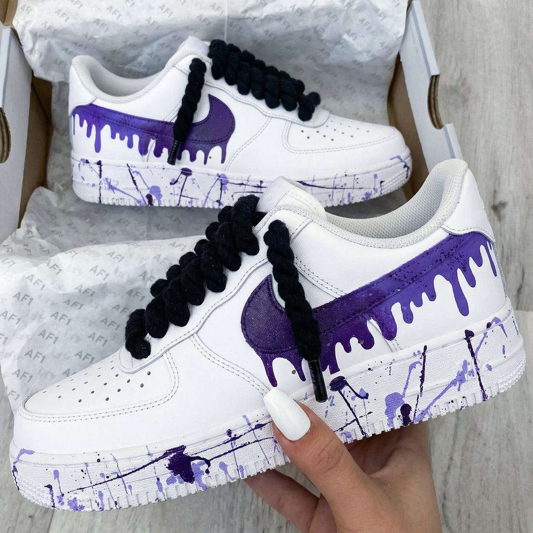 Custom AF 1s Shoes Drip Splatter Purple Black