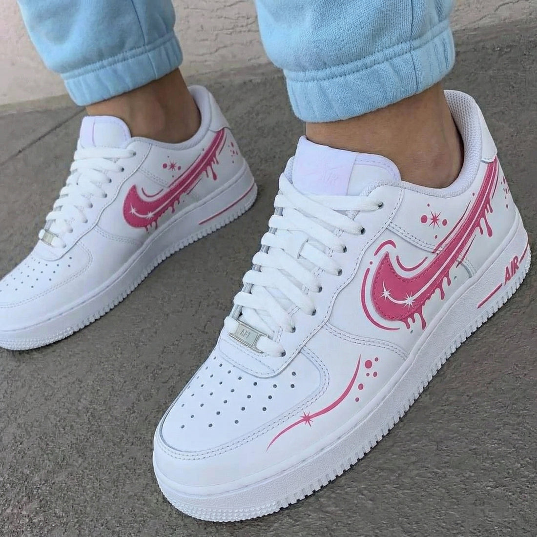Custom AF 1s Shoes Drip Stars Swoosh Baby Pink White