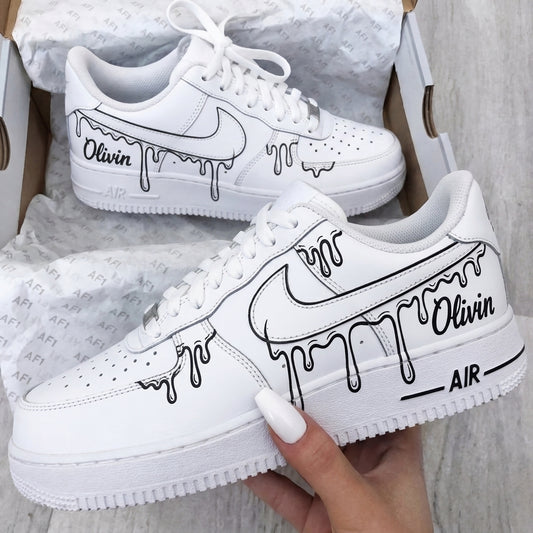 Custom AF 1s Shoes Drip White Black With Name
