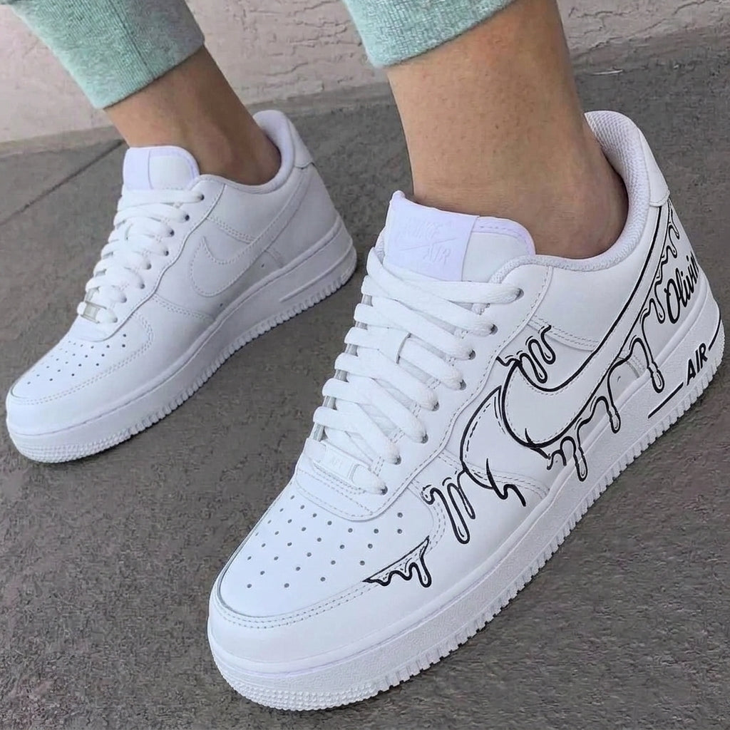 Custom AF 1s Shoes Drip White Black With Name