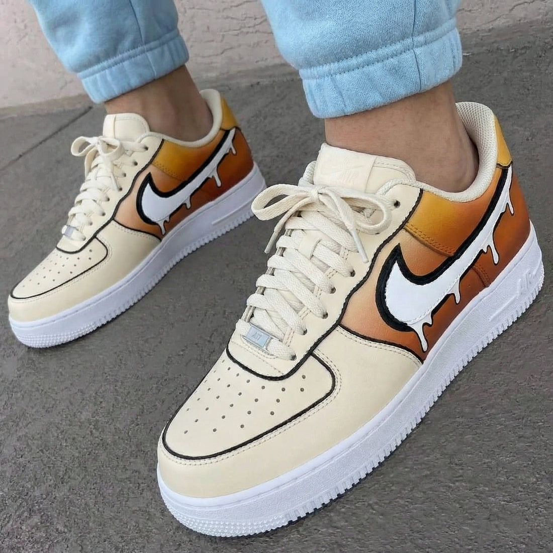 Custom AF 1s Shoes Dripping Design Orange Beige
