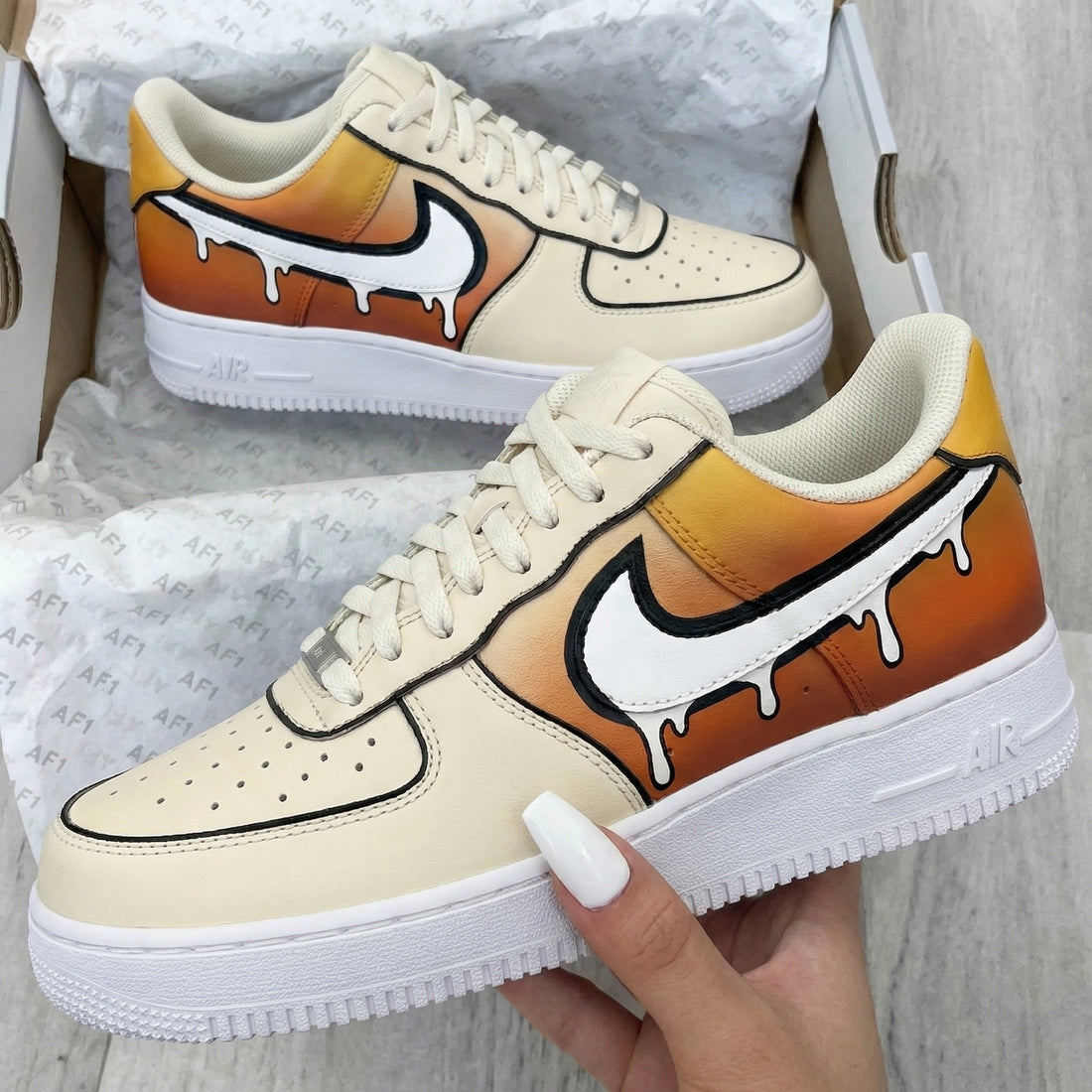 Custom AF 1s Shoes Dripping Design Orange Beige