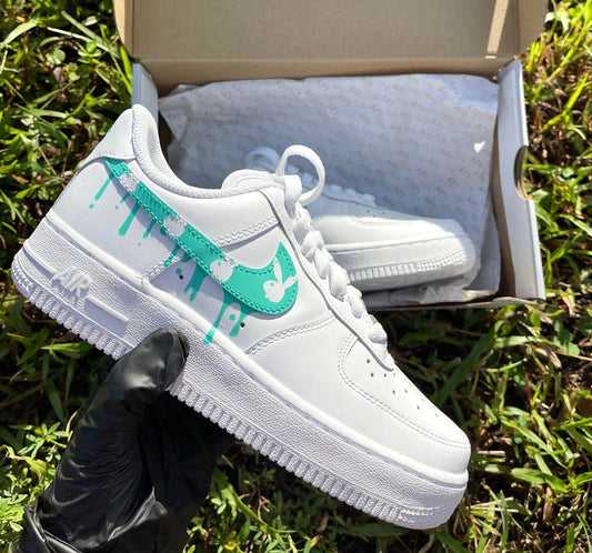 Custom AF 1s Shoes Dripping Design Teal Color