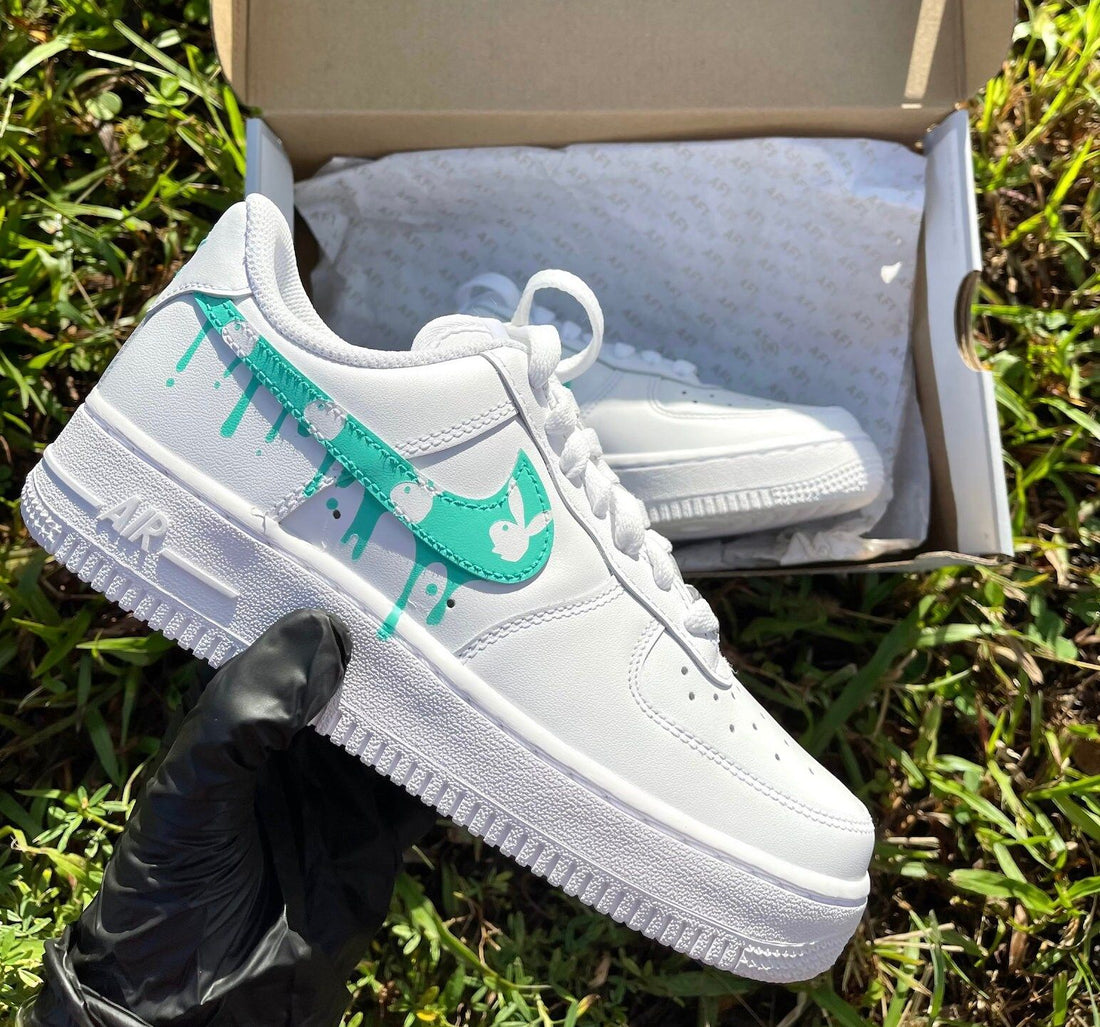 Custom AF 1s Shoes Dripping Design Teal Color