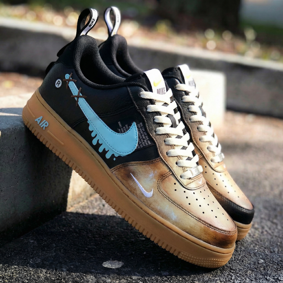 Custom AF 1s Shoes Dripping Logo Design Black Tan Blue