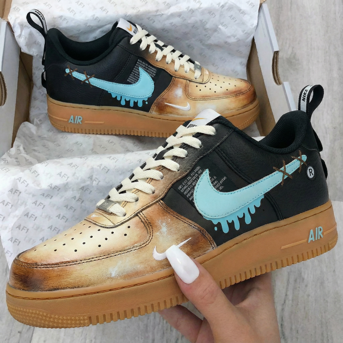 Custom AF 1s Shoes Dripping Logo Design Black Tan Blue