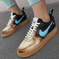 Custom AF 1s Shoes Dripping Logo Design Black Tan Blue