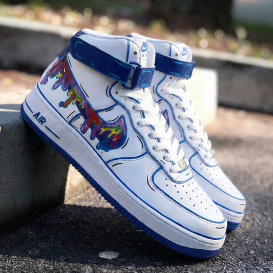Custom AF 1s Shoes Dripping Paint Design Blue
