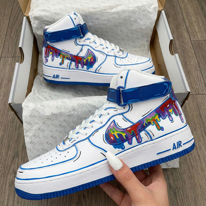 Custom AF 1s Shoes Dripping Paint Design Blue