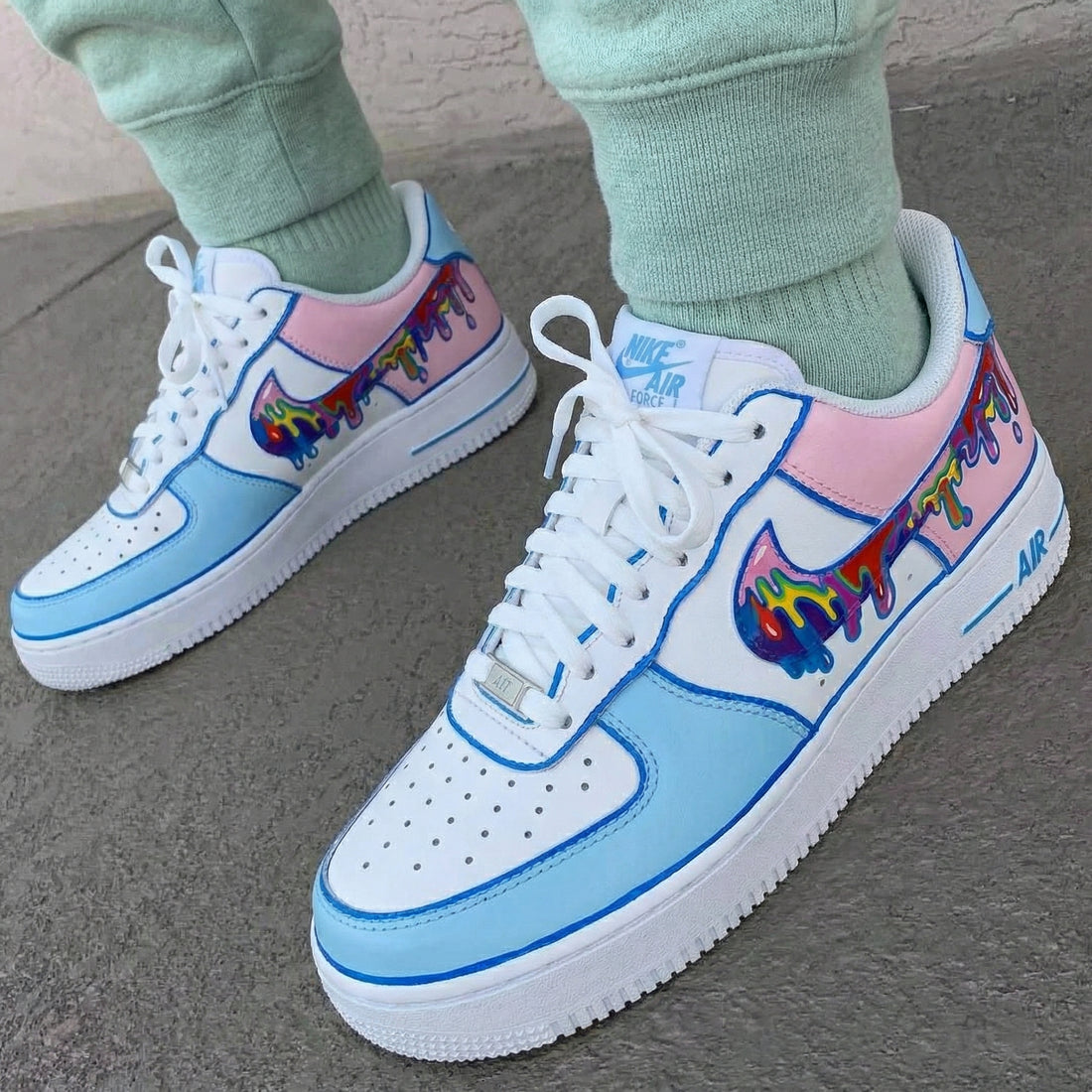 Custom AF 1s Shoes Dripping Pattern Baby Blue Baby Pink