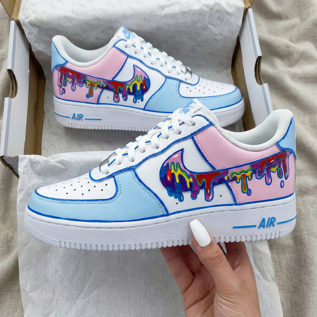 Custom AF 1s Shoes Dripping Pattern Baby Blue Baby Pink