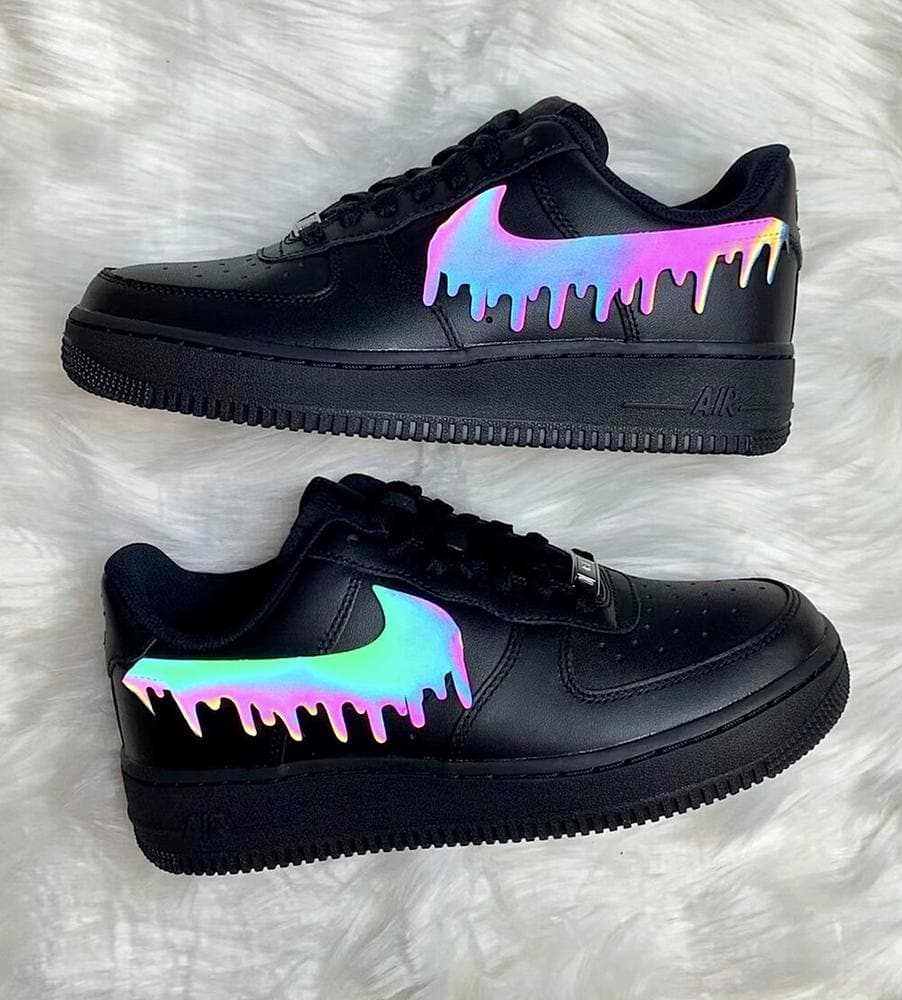 Custom AF 1s Shoes Dripping Rainbow Pattern Black
