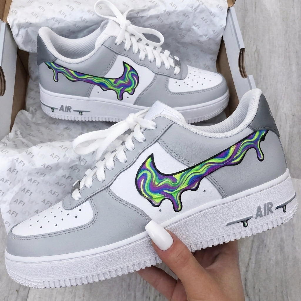 Custom AF 1s Shoes Dripping Swirl Swoosh Grey Green Purple