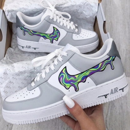 Custom AF 1s Shoes Dripping Swirl Swoosh Grey Green Purple